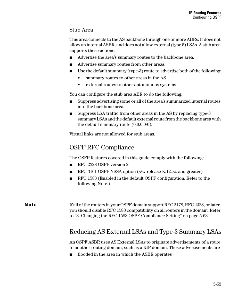 Ospf rfc compliance, Reducing as external lsas and type-3 summary lsas, Stub area -53 | Ospf rfc compliance -53, Stub area -54, Ospf rfc compliance -54, Stub area | HP 3500YL User Manual | Page 227 / 394