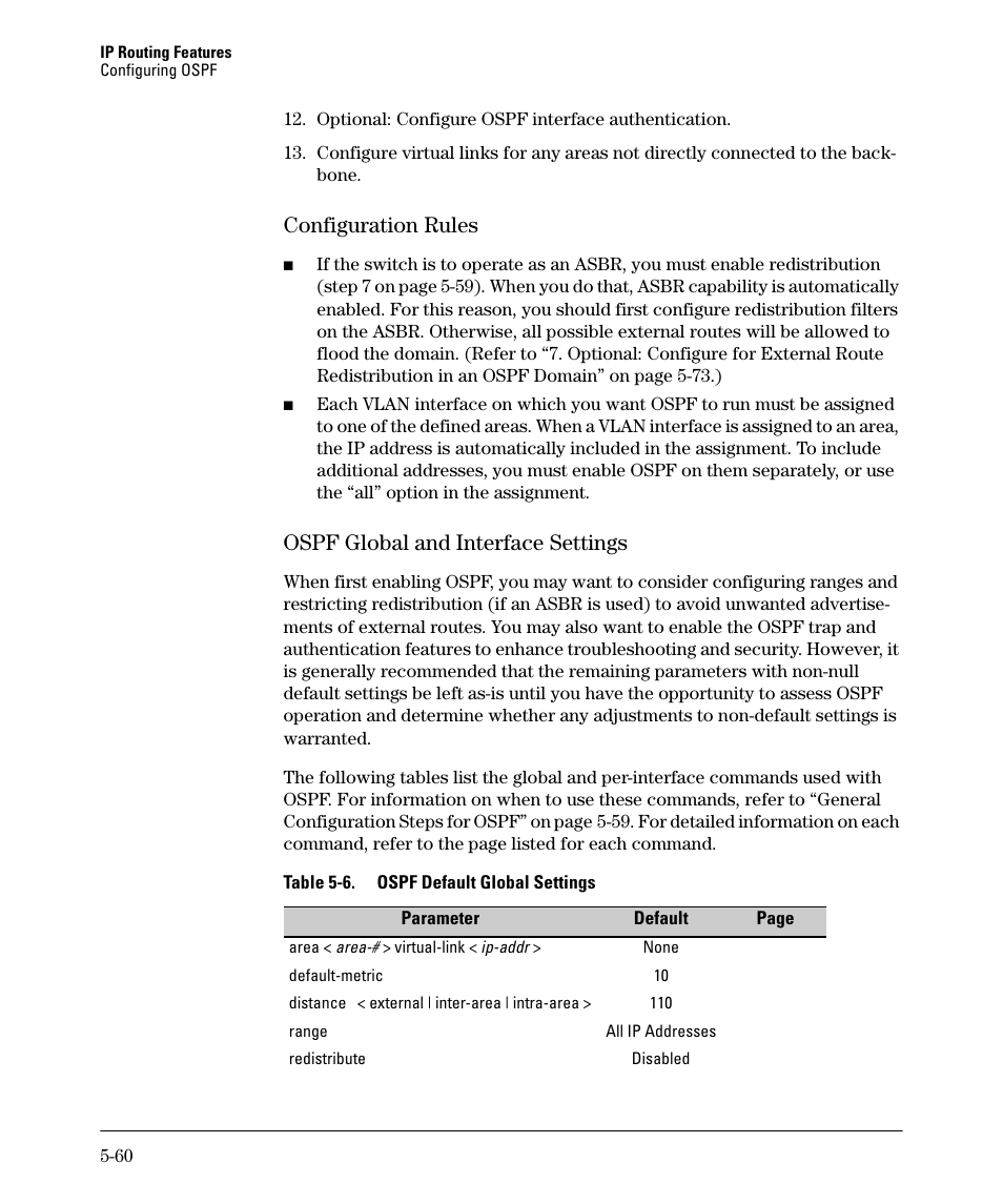 Configuration rules -60, Ospf global and interface settings -60, Configuration rules -61 | Ospf global and interface settings -61, Configuration rules, Ospf global and interface settings | HP 3500YL User Manual | Page 234 / 394