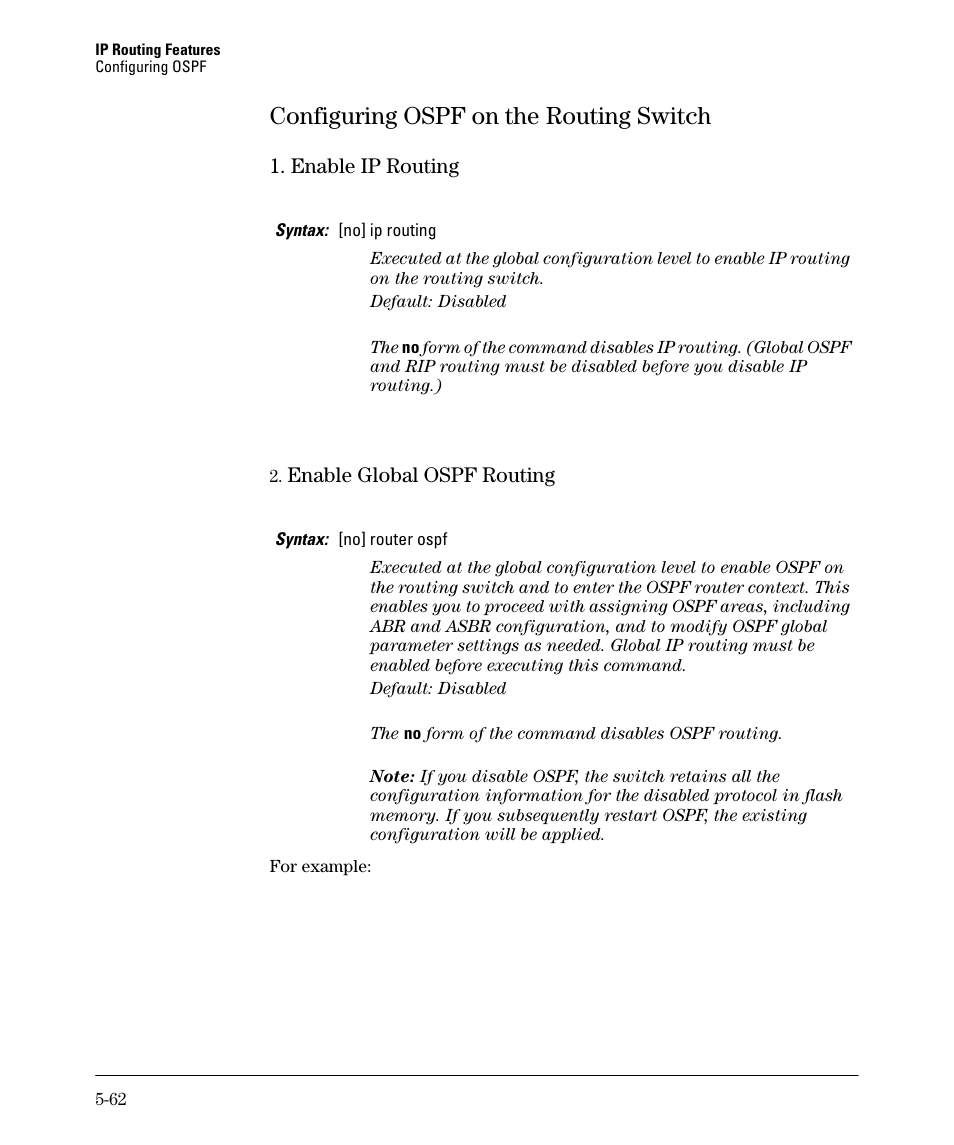 Configuring ospf on the routing switch, Configuring ospf on the routing switch -62, Enable ip routing -62 | Enable global ospf routing -62, Configuring ospf on the routing switch -63, Enable ip routing -63, Enable global ospf routing -63, Ge 5-62 | HP 3500YL User Manual | Page 236 / 394