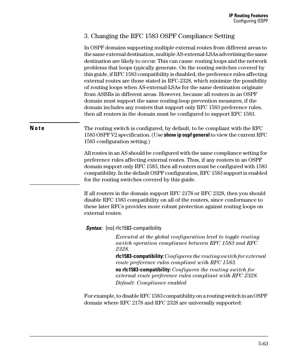 Changing the rfc 1583 ospf compliance setting -63, Changing the rfc 1583 ospf compliance setting -64, To “3. changing | Changing the rfc 1583 ospf compliance setting | HP 3500YL User Manual | Page 237 / 394
