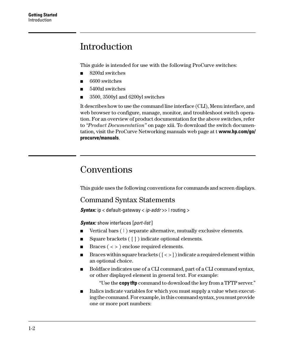 Introduction, Conventions, Command syntax statements | HP 3500YL User Manual | Page 26 / 394