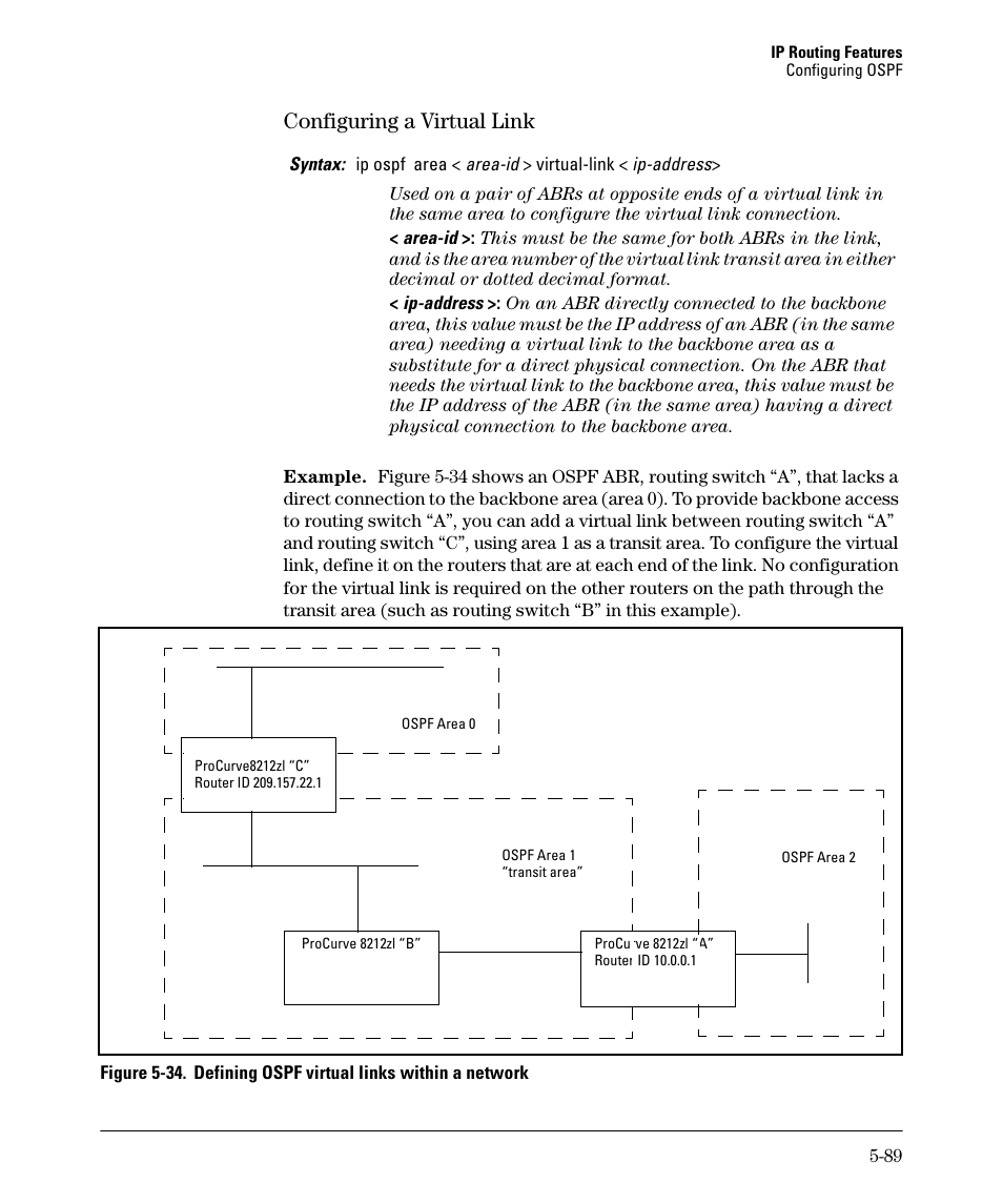 Configuring a virtual link -89, Configuring a virtual link -90, Configuring a virtual link | HP 3500YL User Manual | Page 263 / 394