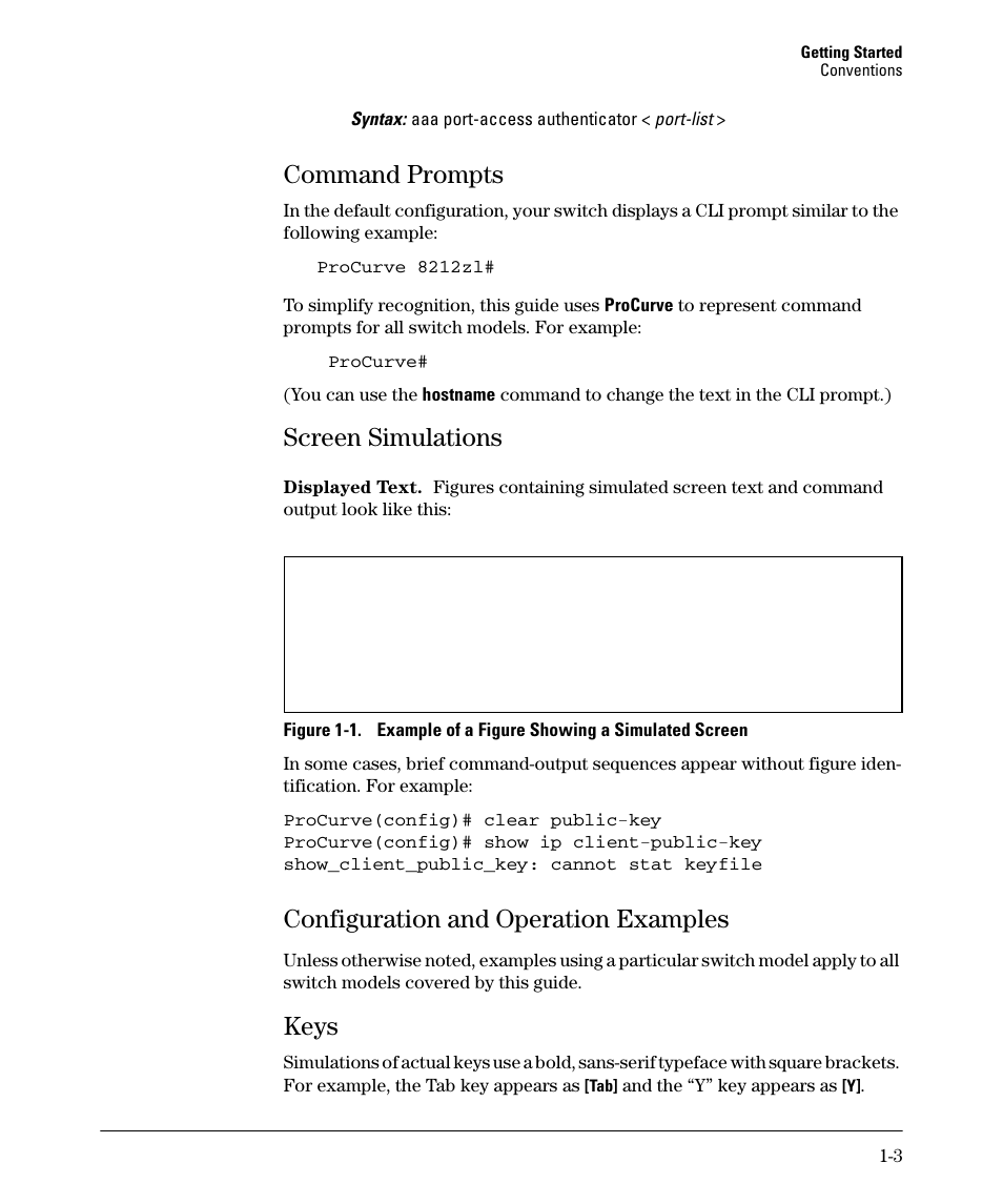Command prompts, Screen simulations, Configuration and operation examples | Keys | HP 3500YL User Manual | Page 27 / 394