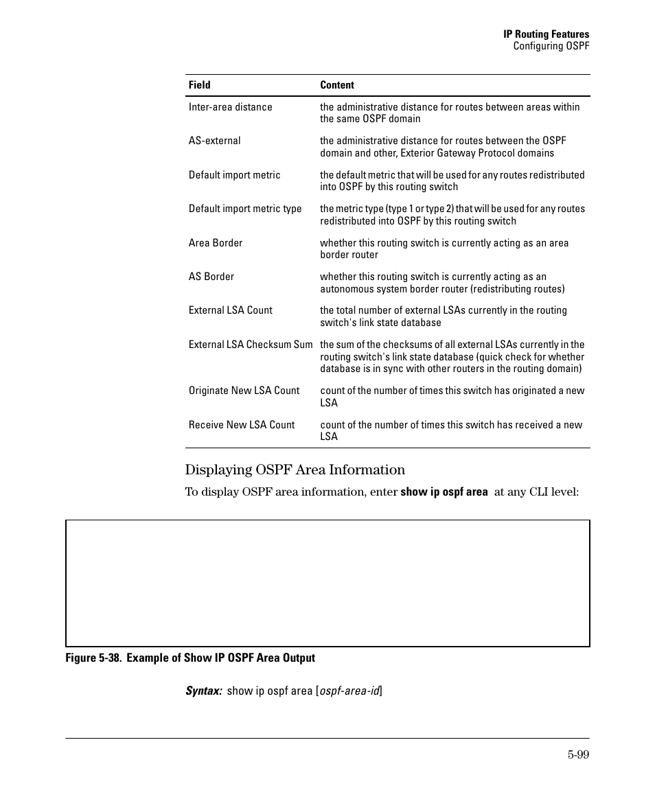 Displaying ospf area information -99, Displaying ospf area information -100, Displaying ospf area information | HP 3500YL User Manual | Page 273 / 394