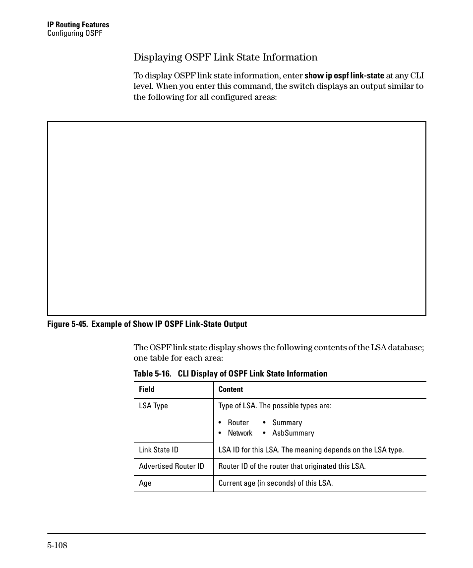 Displaying ospf link state information -108, Displaying ospf link state information -109, Displaying ospf link state information | HP 3500YL User Manual | Page 282 / 394
