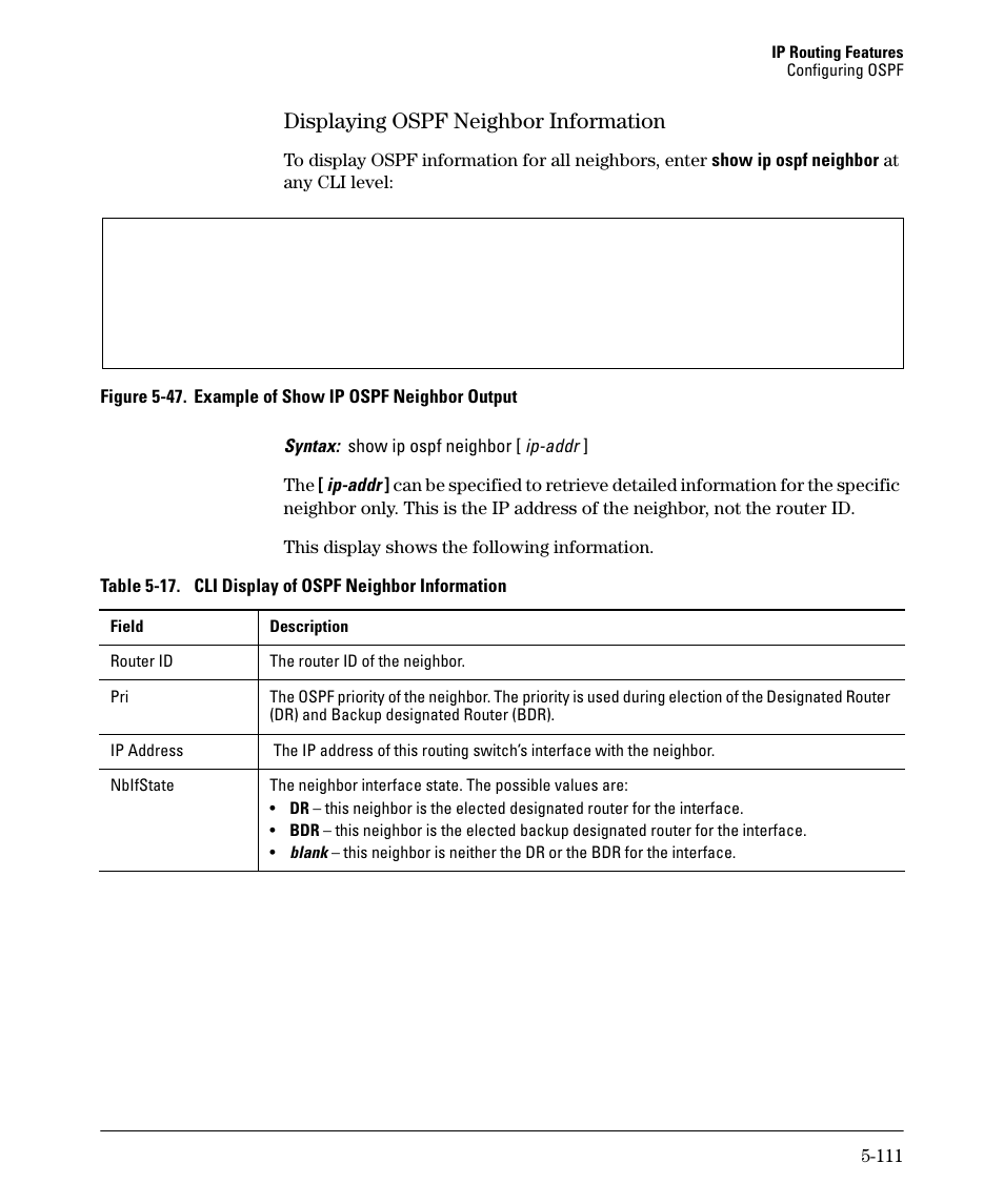 Displaying ospf neighbor information -111, Displaying ospf neighbor information -112, Displaying ospf neighbor information | HP 3500YL User Manual | Page 285 / 394