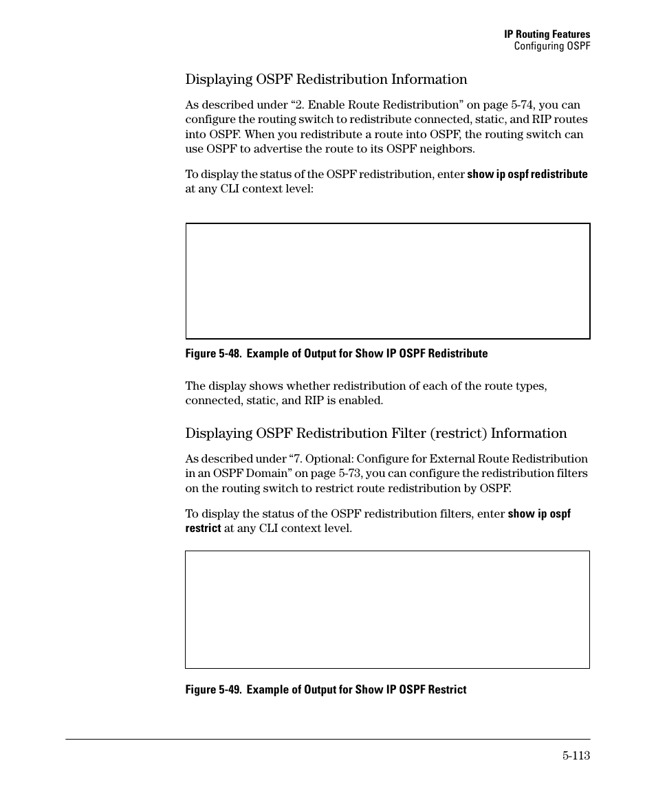 Displaying ospf redistribution information -113, Displaying ospf redistribution information -114, Displaying ospf redistribution information | HP 3500YL User Manual | Page 287 / 394