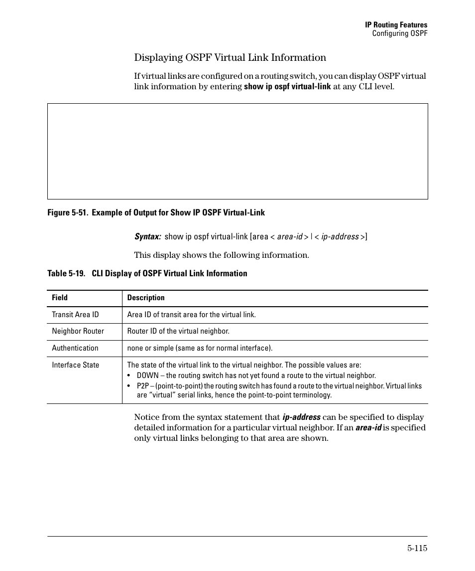 Displaying ospf virtual link information -115, Displaying ospf virtual link information -116, Displaying ospf virtual link information | HP 3500YL User Manual | Page 289 / 394