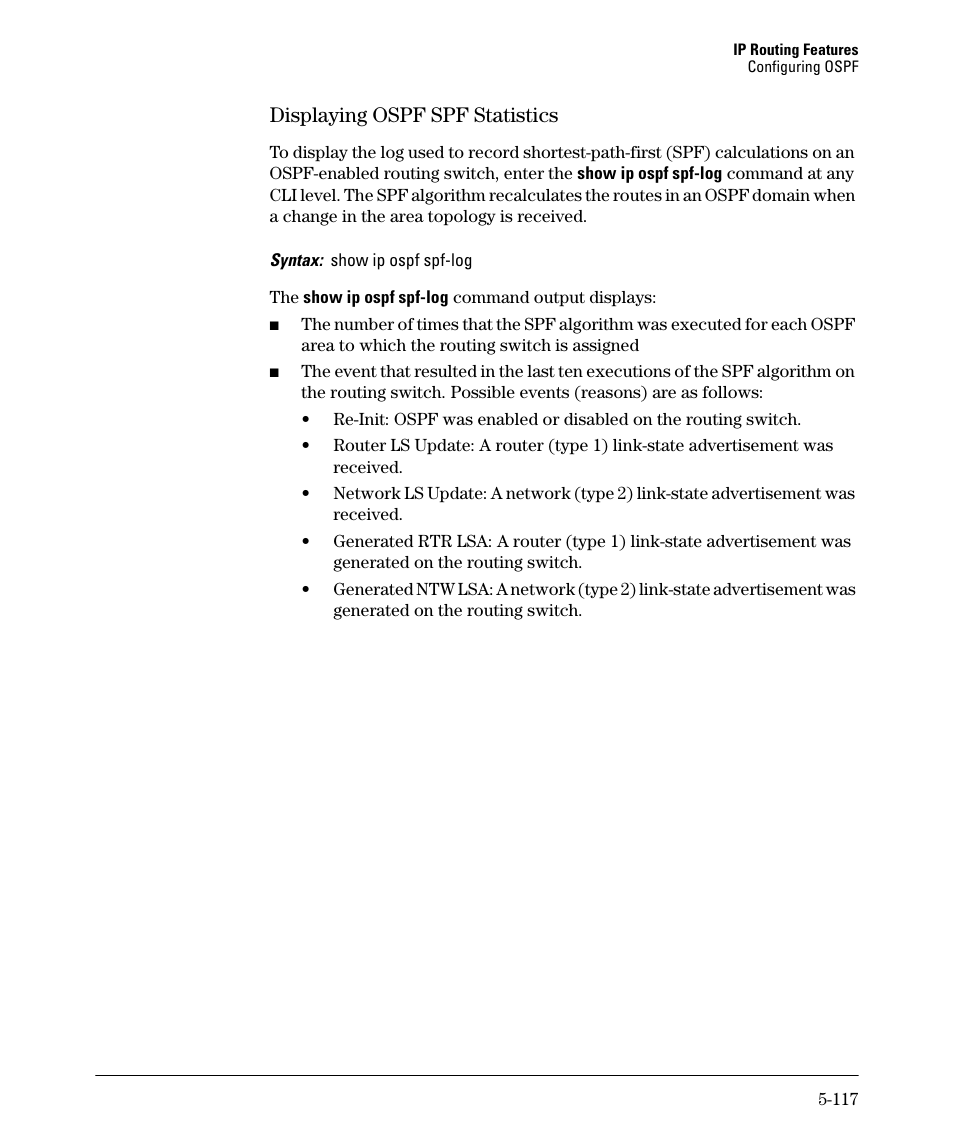 Displaying ospf spf statistics -117, Displaying ospf spf statistics | HP 3500YL User Manual | Page 291 / 394