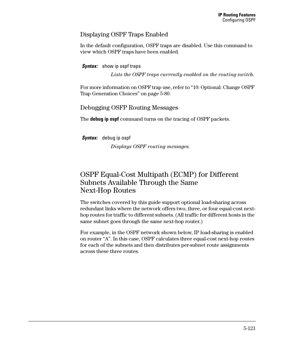 Displaying ospf traps enabled -121, Debugging osfp routing messages -121, Next-hop routes -121 | Displaying ospf traps enabled -122, Debugging osfp routing messages -122, Next-hop routes -122 | HP 3500YL User Manual | Page 295 / 394
