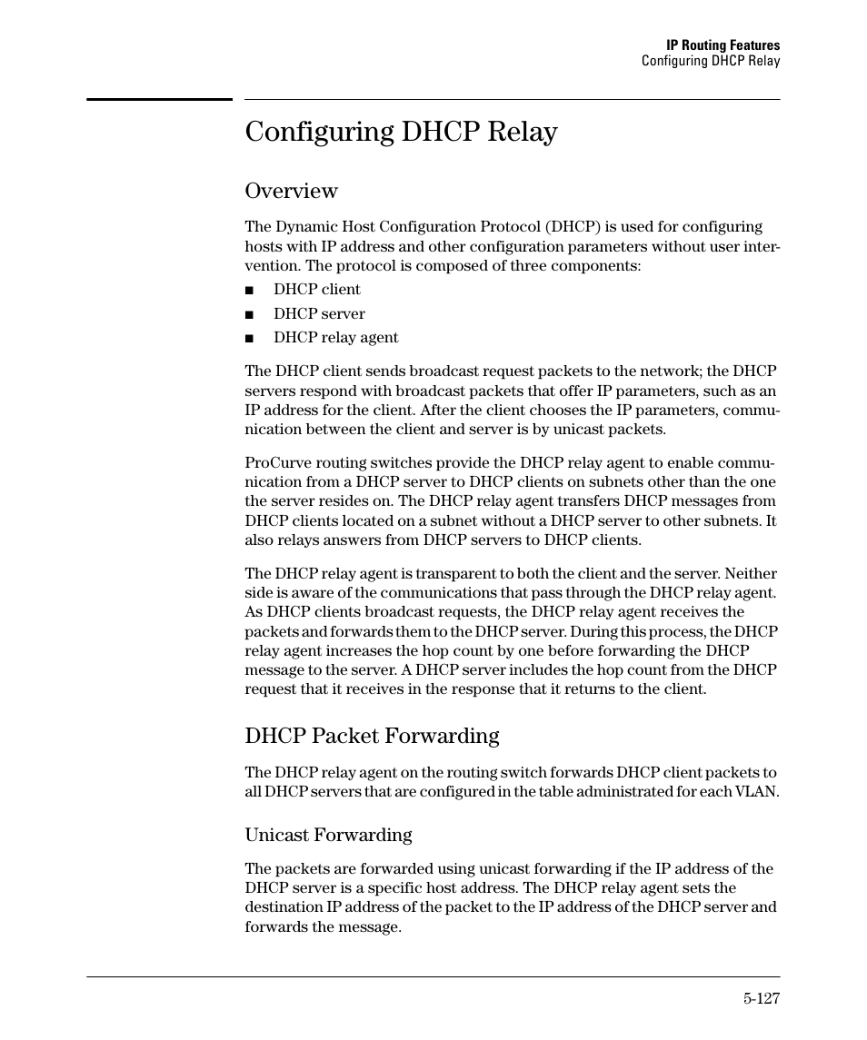 Configuring dhcp relay, Overview, Dhcp packet forwarding | Overview -127, Dhcp packet forwarding -127, Unicast forwarding -127, Overview -128, Dhcp packet forwarding -128, Unicast forwarding -128 | HP 3500YL User Manual | Page 301 / 394