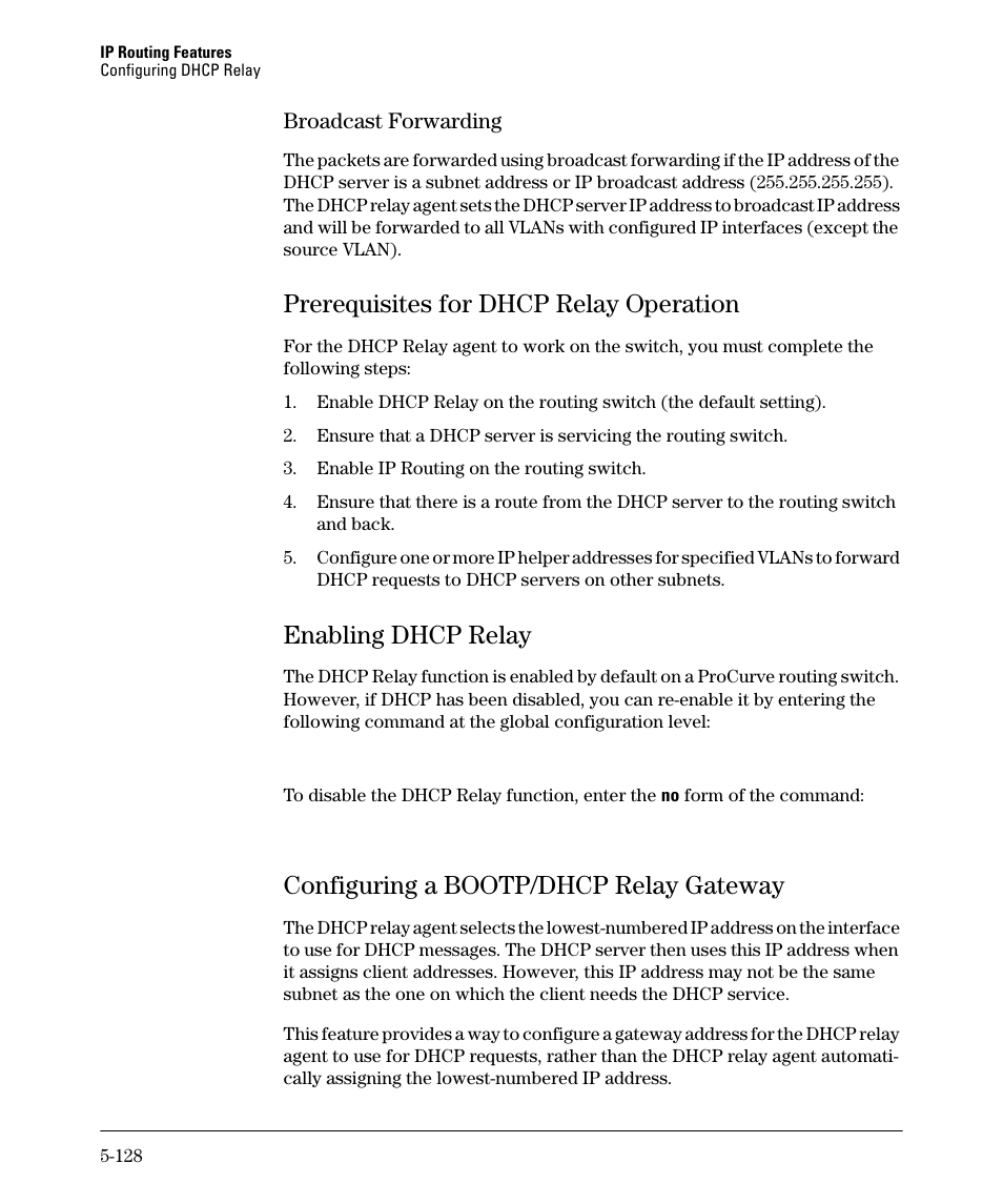Prerequisites for dhcp relay operation, Enabling dhcp relay, Configuring a bootp/dhcp relay gateway | Broadcast forwarding -128, Prerequisites for dhcp relay operation -128, Enabling dhcp relay -128, Configuring a bootp/dhcp relay gateway -128, Broadcast forwarding -129, Prerequisites for dhcp relay operation -129, Enabling dhcp relay -129 | HP 3500YL User Manual | Page 302 / 394