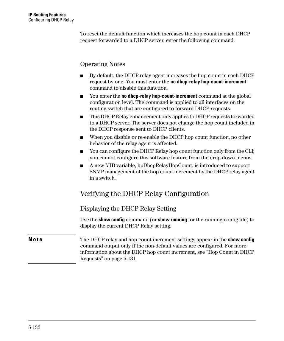 Verifying the dhcp relay configuration, Operating notes -132, Verifying the dhcp relay configuration -132 | Displaying the dhcp relay setting -132, Operating notes -133, Verifying the dhcp relay configuration -133, Displaying the dhcp relay setting -133, Displaying the dhcp relay setting | HP 3500YL User Manual | Page 306 / 394