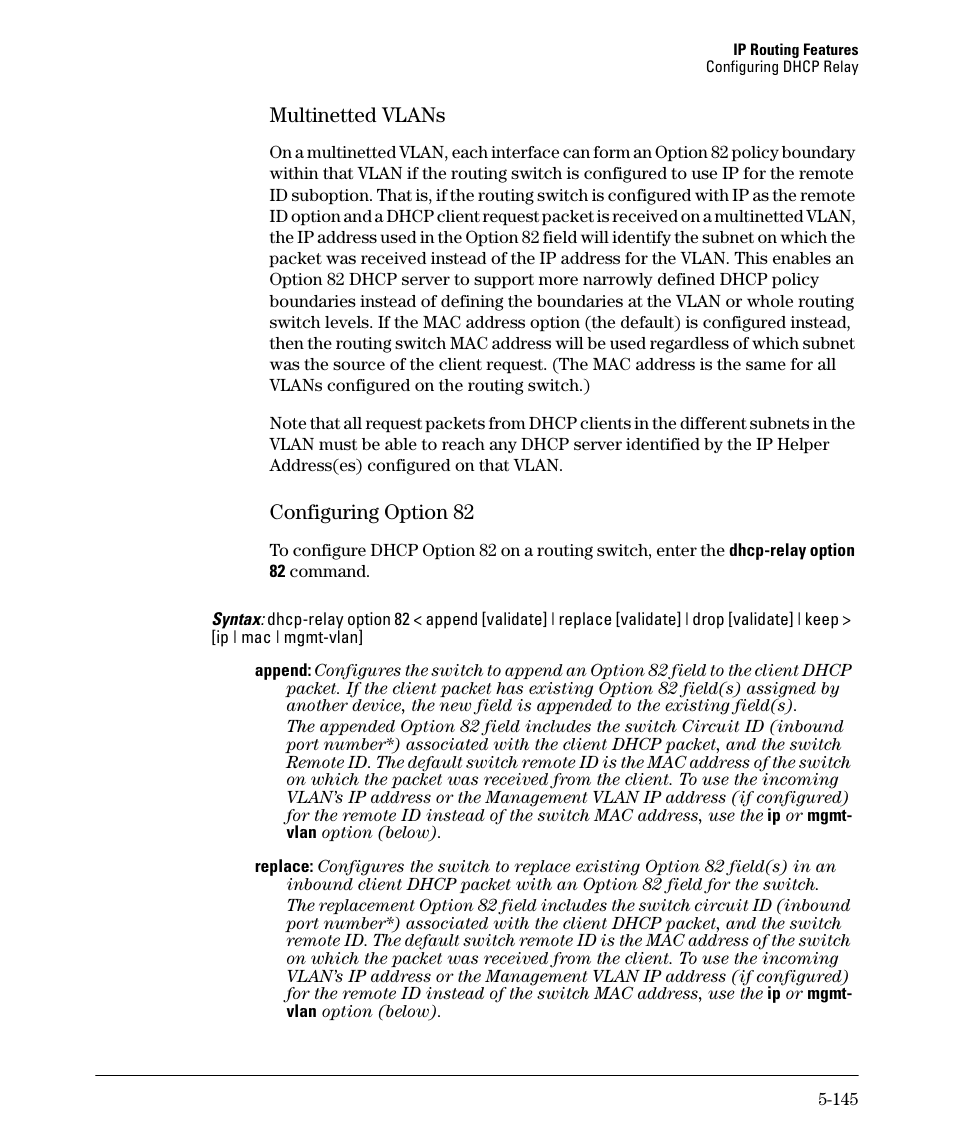 Multinetted vlans -145, Configuring option 82 -145, Multinetted vlans -146 | Configuring option 82 -146, Multinetted vlans, Configuring option 82 | HP 3500YL User Manual | Page 319 / 394