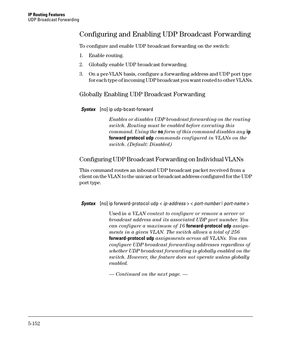 Configuring and enabling udp broadcast forwarding, Globally enabling udp broadcast forwarding -152, Globally enabling udp broadcast forwarding -153 | HP 3500YL User Manual | Page 326 / 394