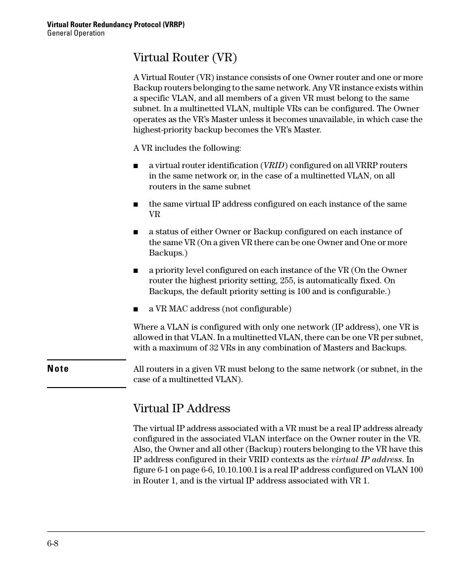 Virtual router (vr), Virtual ip address, Virtual router (vr) -8 | Virtual ip address -8 | HP 3500YL User Manual | Page 338 / 394