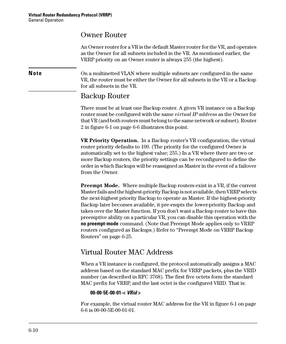 Owner router, Backup router, Virtual router mac address | Owner router -10, Backup router -10, Virtual router mac address -10 | HP 3500YL User Manual | Page 340 / 394