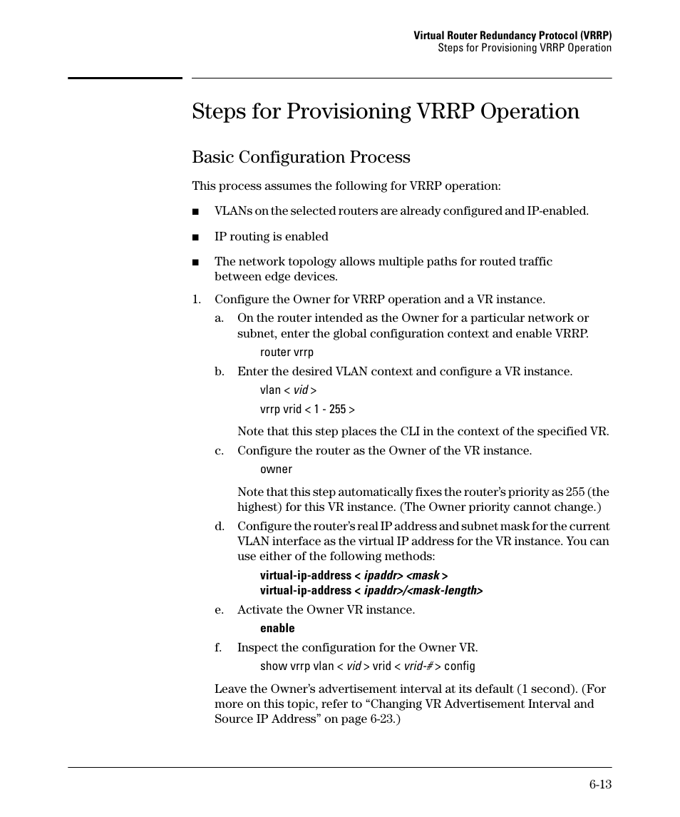 Steps for provisioning vrrp operation, Basic configuration process, Basic configuration process -13 | HP 3500YL User Manual | Page 343 / 394