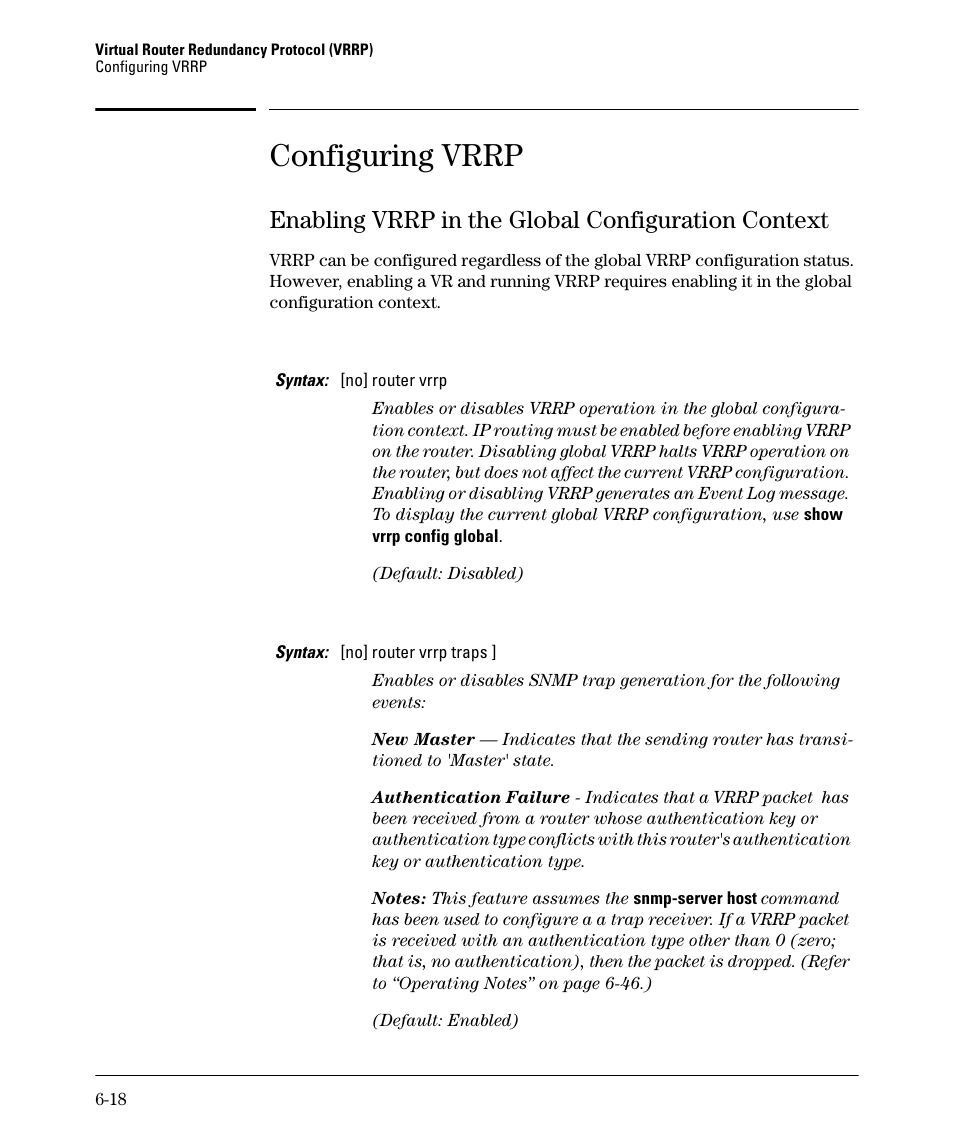 Configuring vrrp, Enabling vrrp in the global configuration context | HP 3500YL User Manual | Page 348 / 394