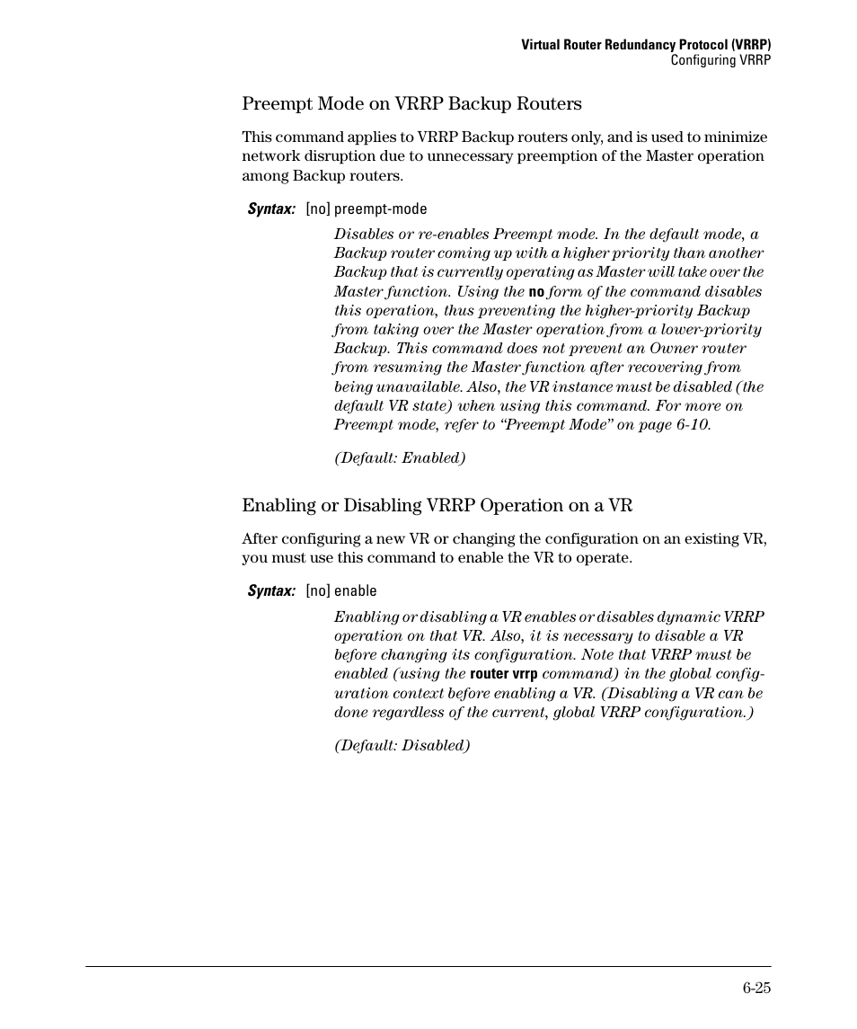 Preempt mode on vrrp backup routers -25, Enabling or disabling vrrp operation on a vr -25, Preempt mode on vrrp backup routers | Enabling or disabling vrrp operation on a vr | HP 3500YL User Manual | Page 355 / 394