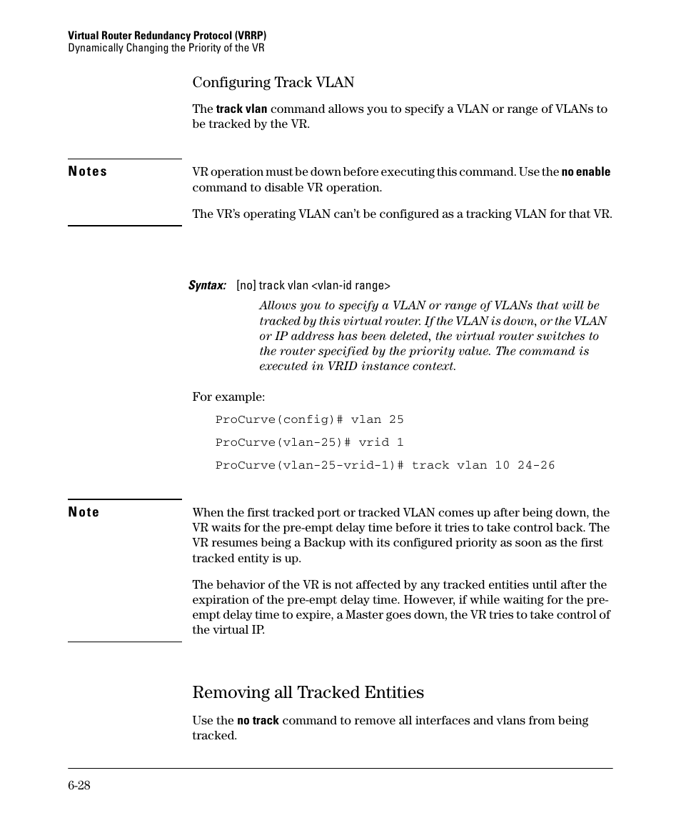 Removing all tracked entities, Configuring track vlan -28, Removing all tracked entities -28 | Configuring track vlan | HP 3500YL User Manual | Page 358 / 394