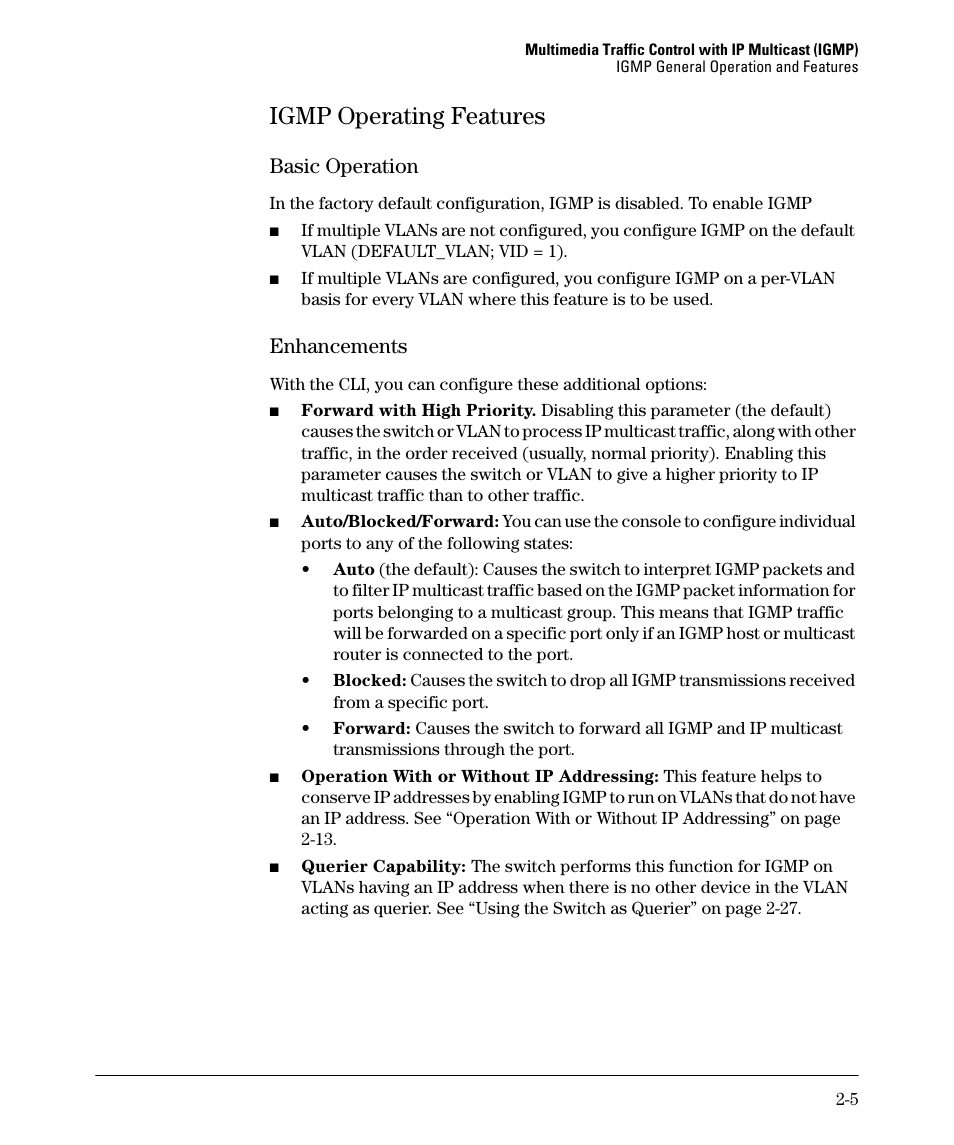 Igmp operating features, Igmp operating features -5, Basic operation -5 | Enhancements -5, Basic operation, Enhancements | HP 3500YL User Manual | Page 37 / 394