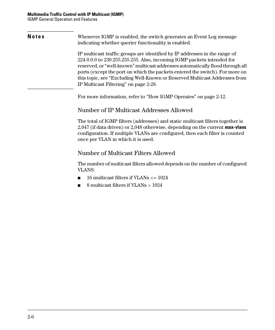 Number of ip multicast addresses allowed -6, Number of multicast filters allowed -6, Number of ip multicast addresses allowed | Number of multicast filters allowed | HP 3500YL User Manual | Page 38 / 394