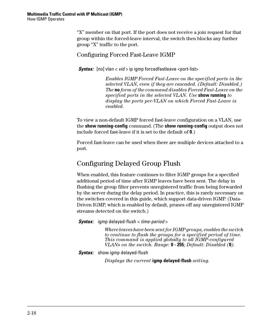 Configuring delayed group flush, Configuring delayed group flush -18, Configuring forced fast-leave igmp | HP 3500YL User Manual | Page 50 / 394