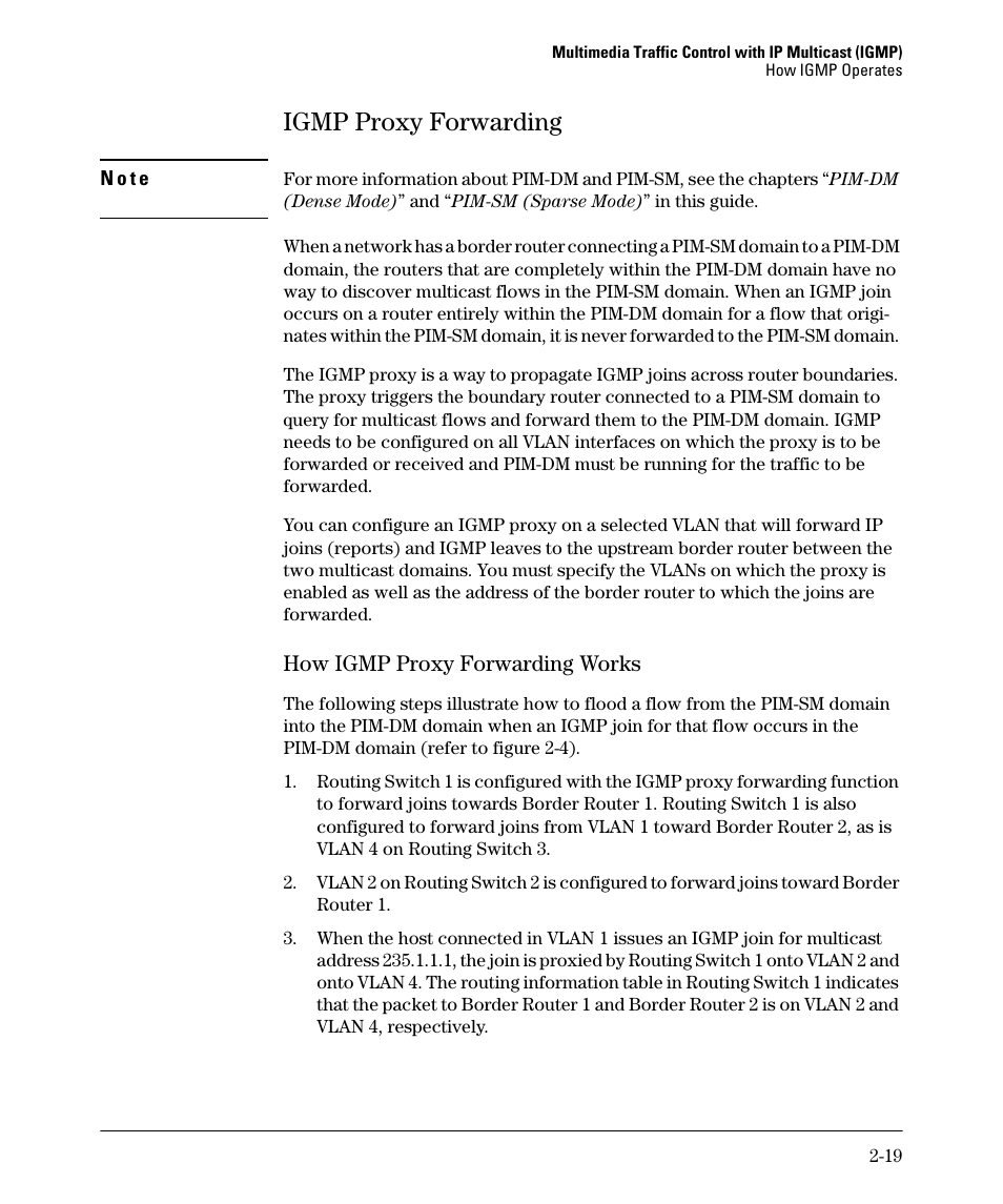 Igmp proxy forwarding, Igmp proxy forwarding -19, How igmp proxy forwarding works -19 | Igmp proxy forwarding -18, How igmp proxy forwarding works | HP 3500YL User Manual | Page 51 / 394