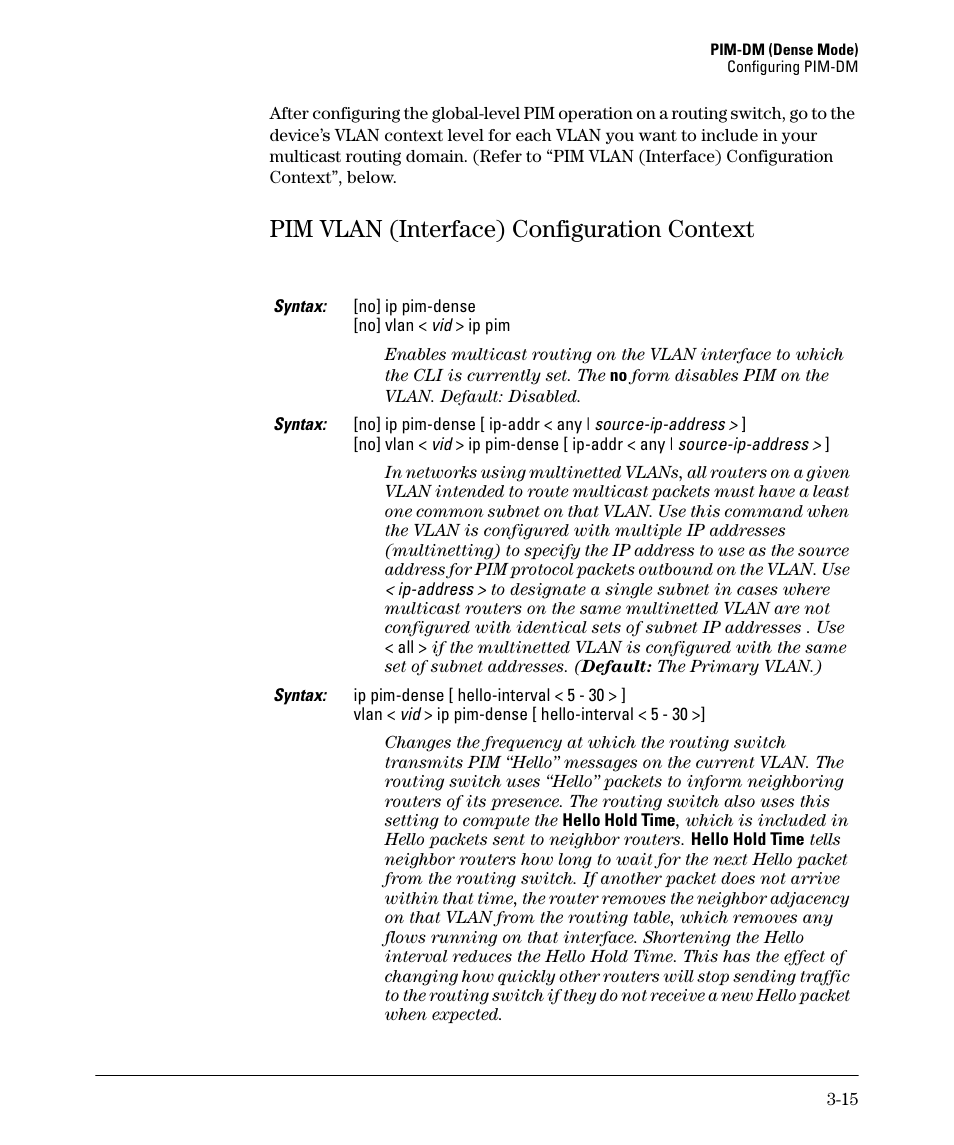 Pim vlan (interface) configuration context, Pim vlan (interface) configuration context -15 | HP 3500YL User Manual | Page 77 / 394