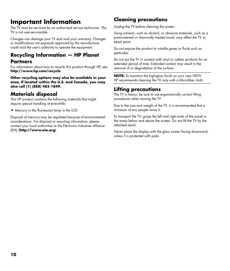 Important information, Recycling information — hp planet partners, Materials disposal | Lifting precautions, Cleaning precautions | HP MediaSmart SL4782N User Manual | Page 10 / 36