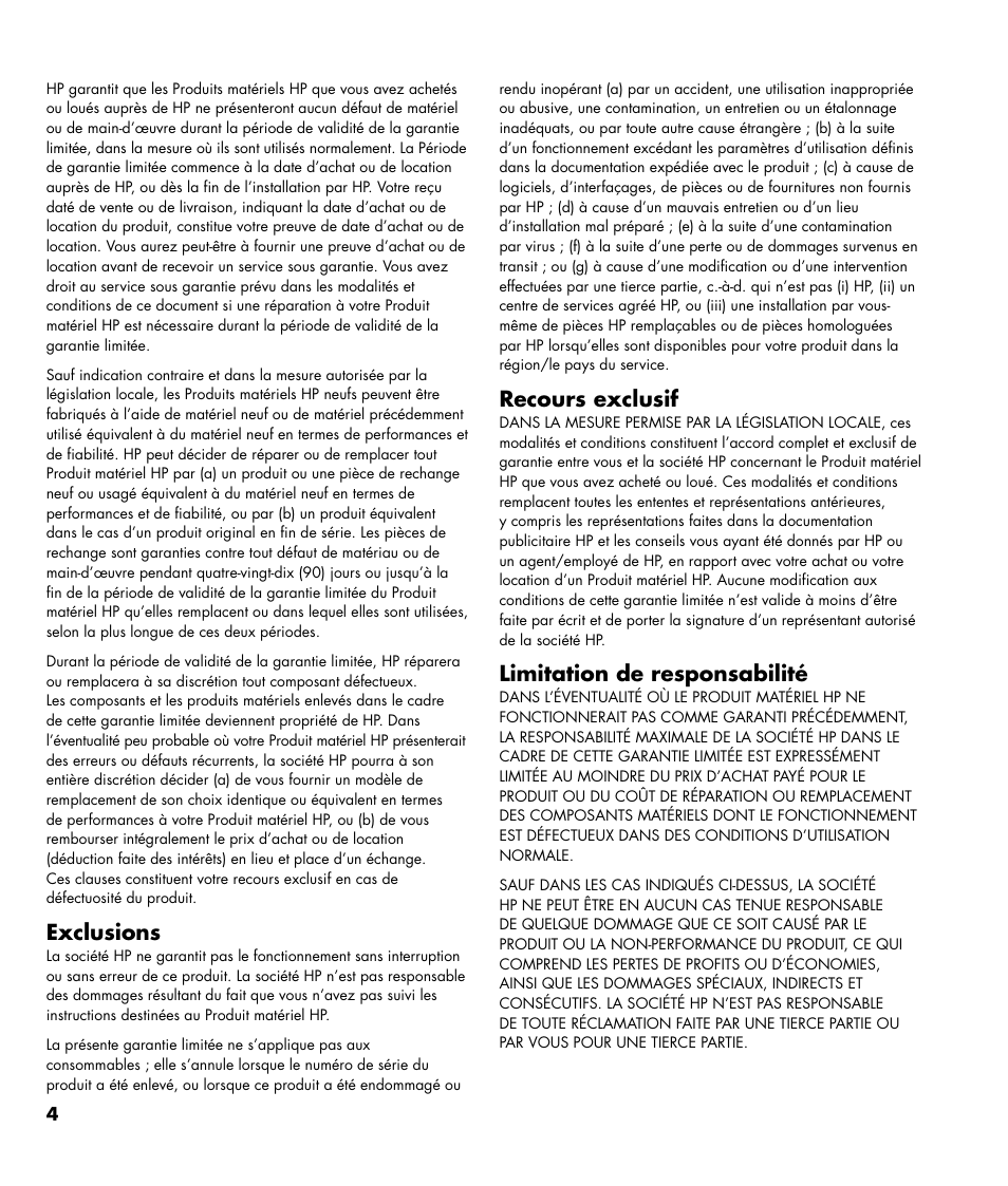 Exclusions, Recours exclusif, Limitation de responsabilité | HP MediaSmart SL4782N User Manual | Page 14 / 36