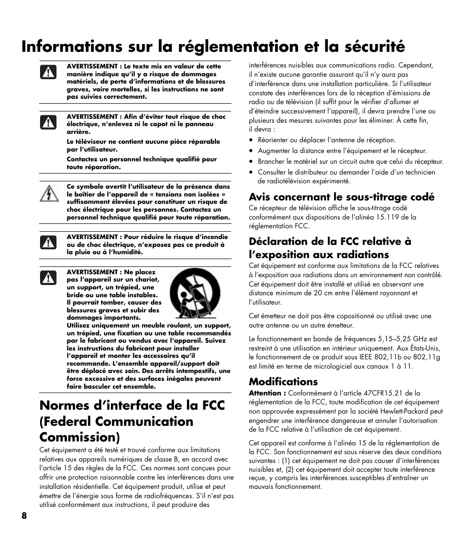 Informations sur la réglementation et la sécurité, Avis concernant le sous-titrage codé, Modifications | HP MediaSmart SL4782N User Manual | Page 18 / 36