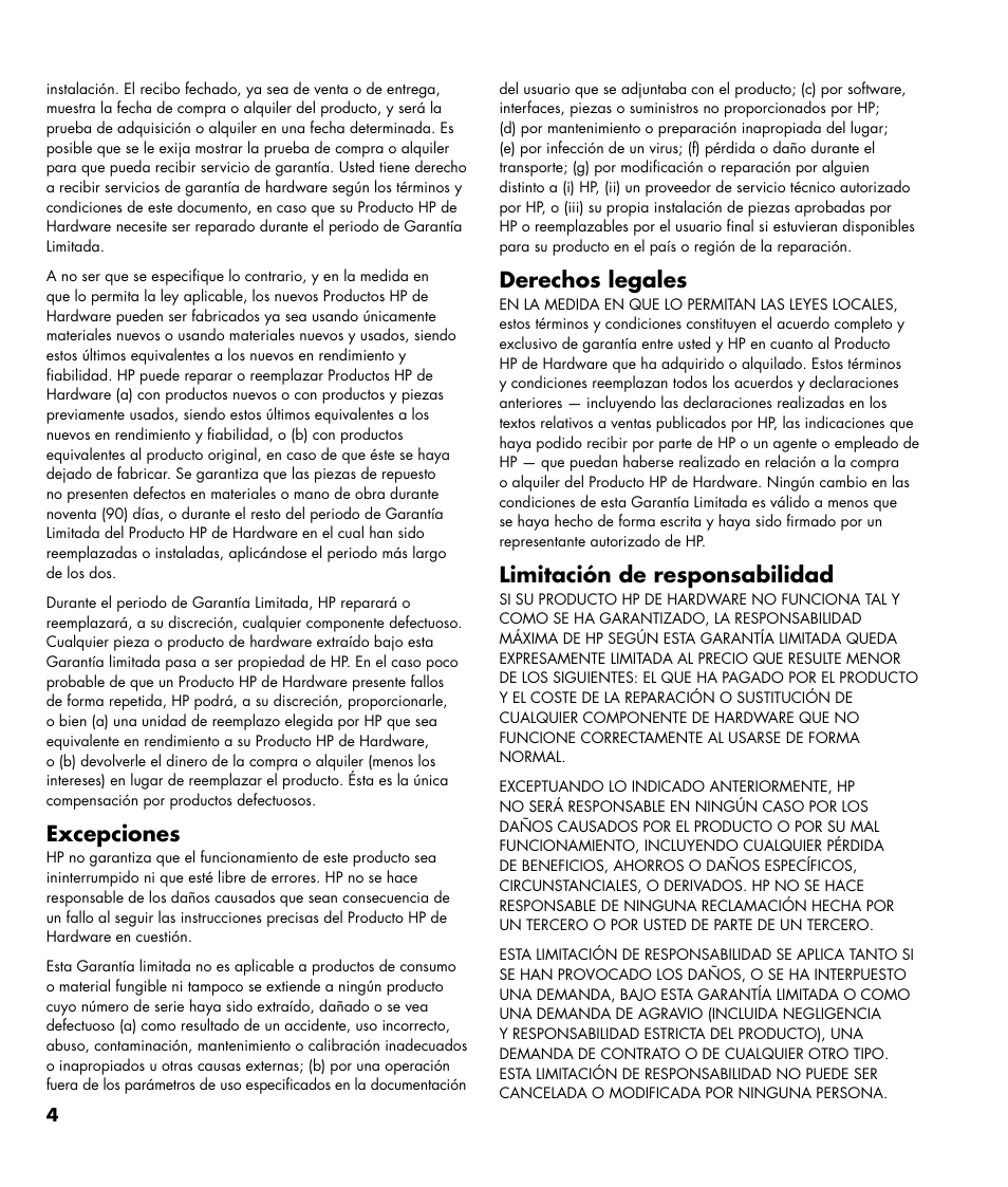 Excepciones, Derechos legales, Limitación de responsabilidad | HP MediaSmart SL4782N User Manual | Page 25 / 36