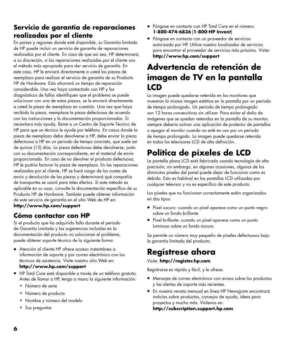 Cómo contactar con hp, Política de píxeles de lcd, Regístrese ahora | HP MediaSmart SL4782N User Manual | Page 27 / 36