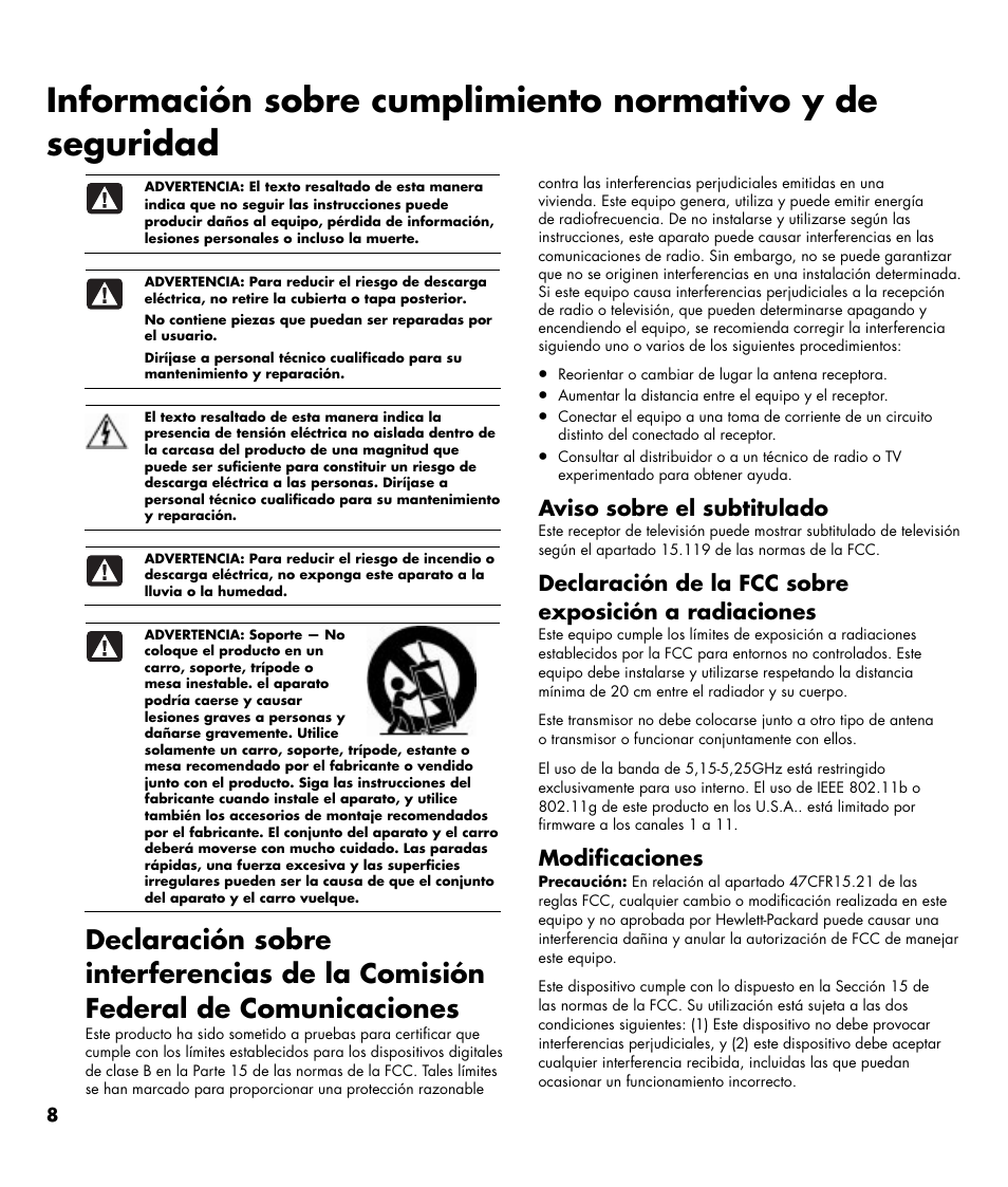 Aviso sobre el subtitulado, Modificaciones | HP MediaSmart SL4782N User Manual | Page 29 / 36