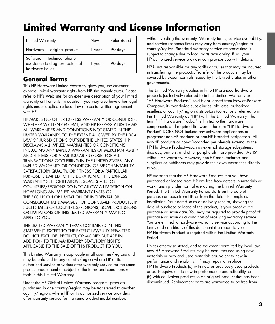 Limited warranty and license information, General terms | HP MediaSmart SL4782N User Manual | Page 3 / 36