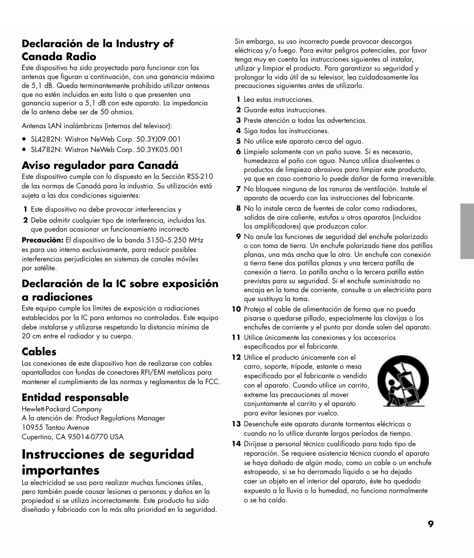 Declaración de la industry of canada radio, Aviso regulador para canadá, Cables | Entidad responsable, Instrucciones de seguridad importantes | HP MediaSmart SL4782N User Manual | Page 30 / 36