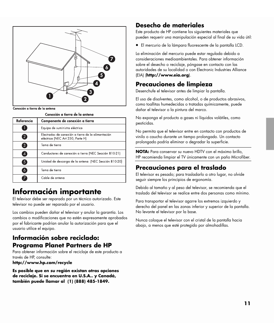 Información importante, Desecho de materiales, Precauciones de limpieza | Precauciones para el traslado | HP MediaSmart SL4782N User Manual | Page 32 / 36