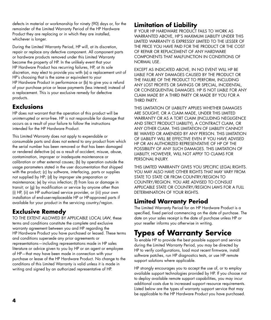 Types of warranty service, Exclusions, Exclusive remedy | Limitation of liability, Limited warranty period | HP MediaSmart SL4782N User Manual | Page 4 / 36