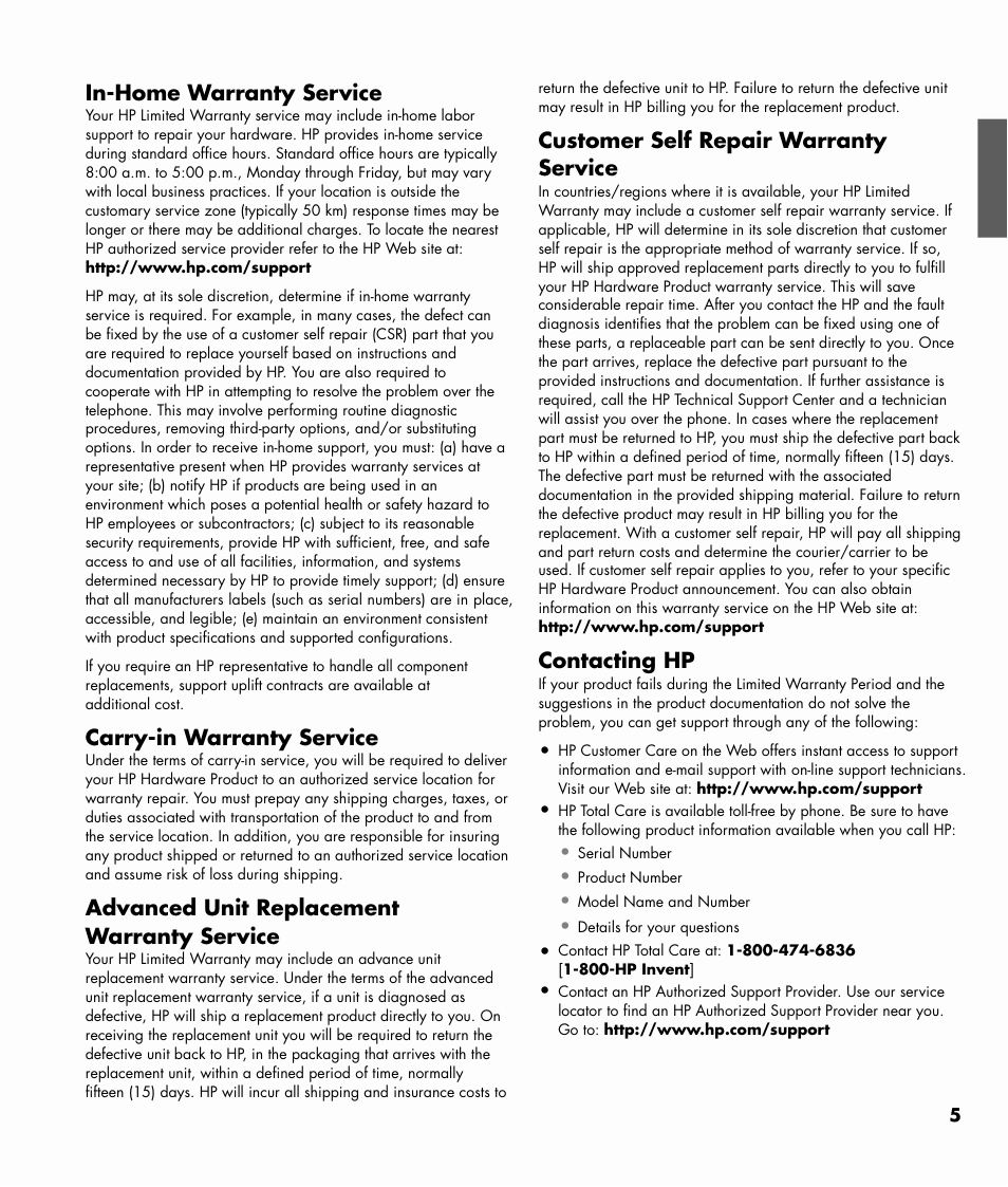 In-home warranty service, Carry-in warranty service, Advanced unit replacement warranty service | Customer self repair warranty service, Contacting hp | HP MediaSmart SL4782N User Manual | Page 5 / 36