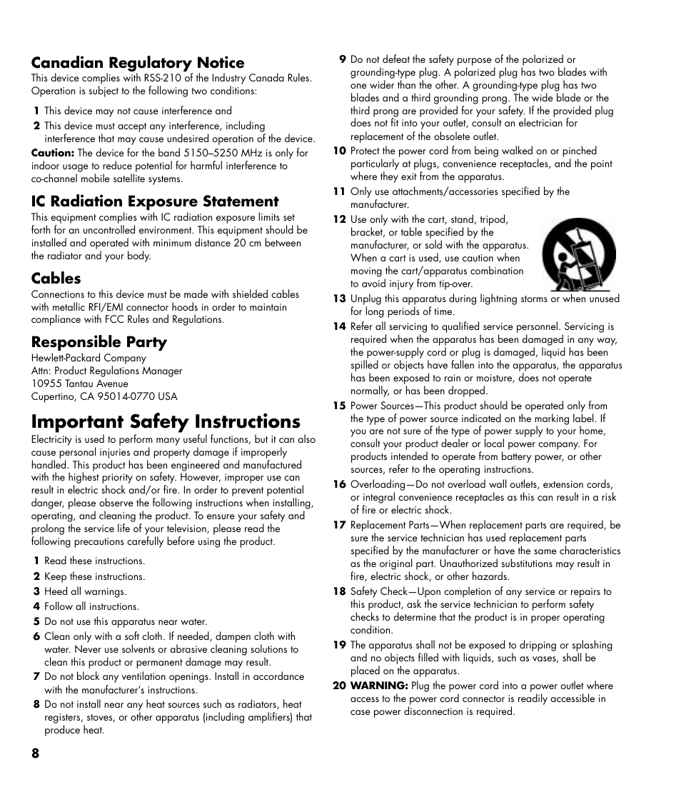 Canadian regulatory notice, Ic radiation exposure statement, Cables | Responsible party, Important safety instructions | HP MediaSmart SL4782N User Manual | Page 8 / 36