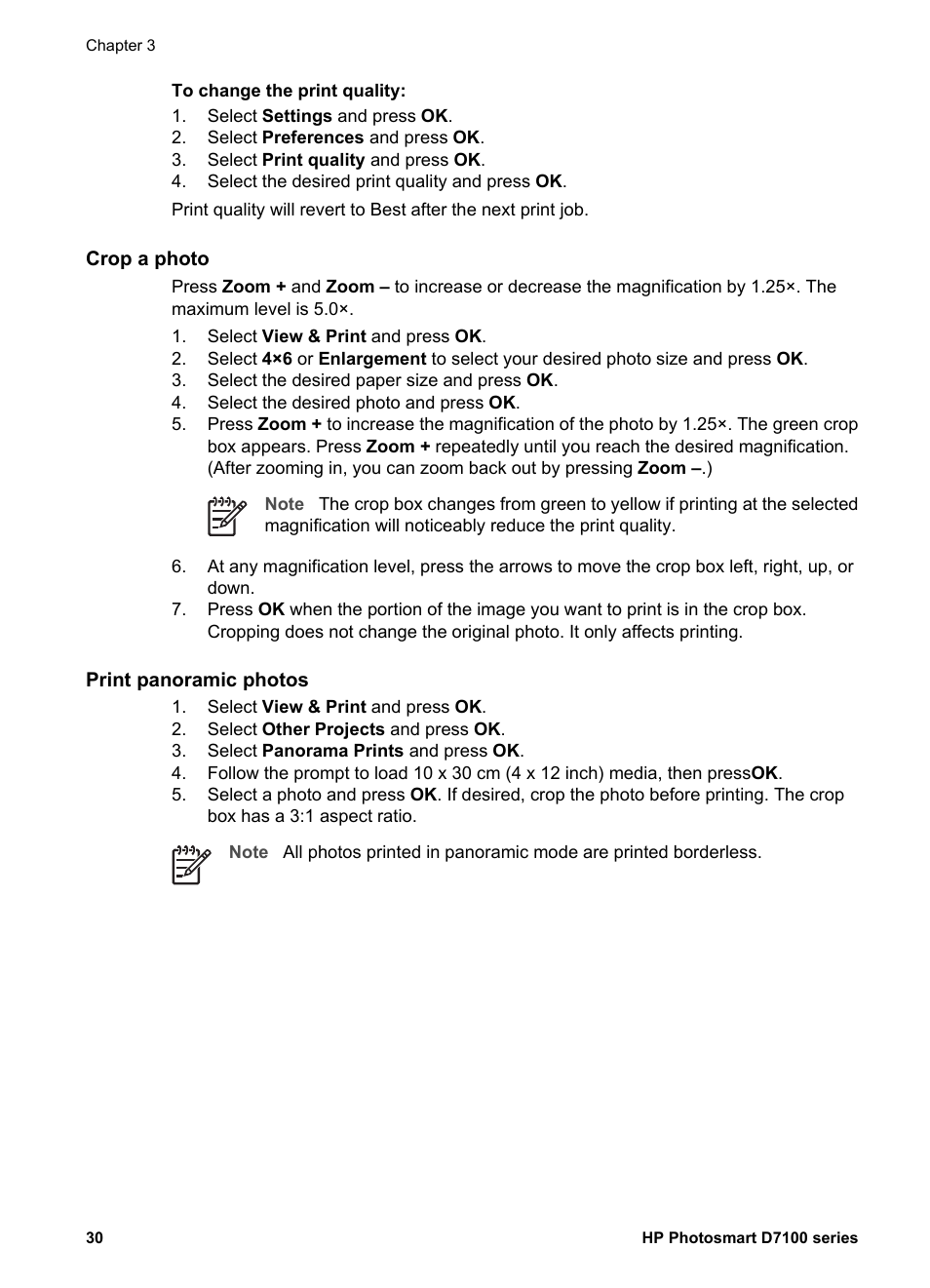 Crop a photo, Print panoramic photos | HP D7100 User Manual | Page 100 / 138