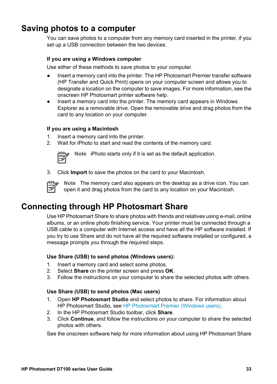 Saving photos to a computer, Connecting through hp photosmart share | HP D7100 User Manual | Page 103 / 138