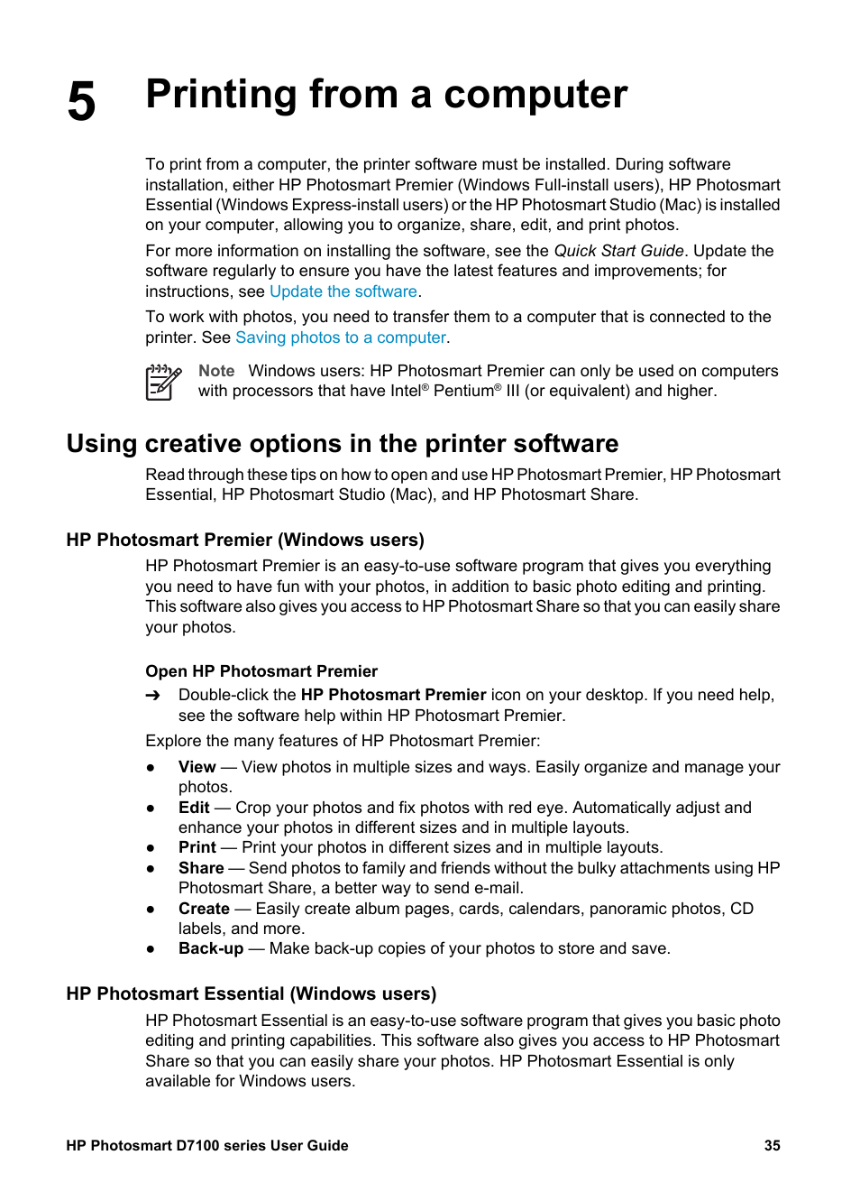 Printing from a computer, Using creative options in the printer software, Hp photosmart premier (windows users) | Hp photosmart essential (windows users) | HP D7100 User Manual | Page 105 / 138