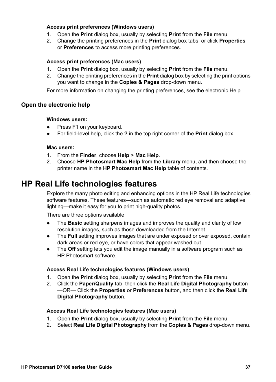 Open the electronic help, Hp real life technologies features | HP D7100 User Manual | Page 107 / 138