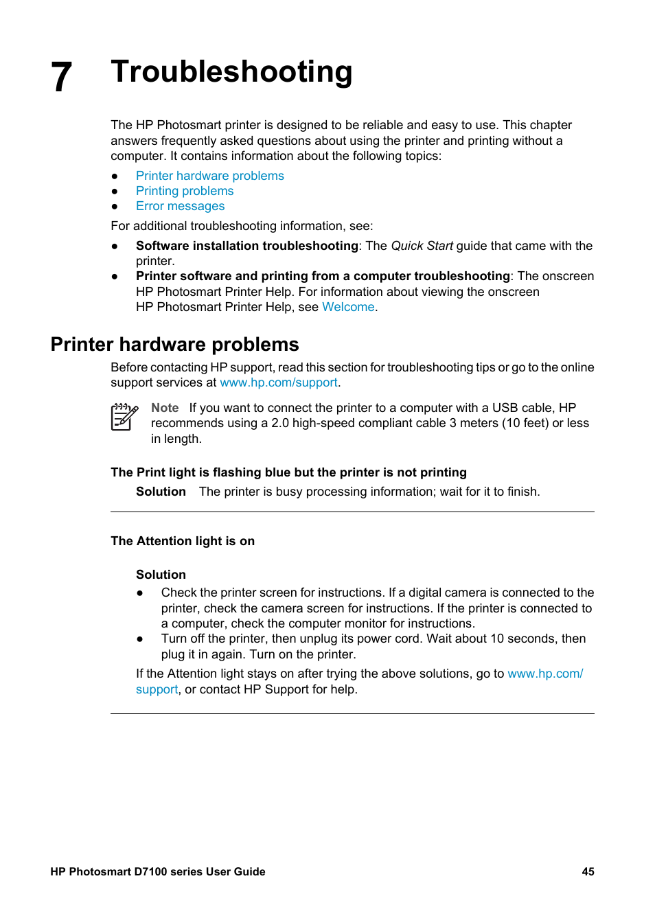 Troubleshooting, Printer hardware problems | HP D7100 User Manual | Page 115 / 138