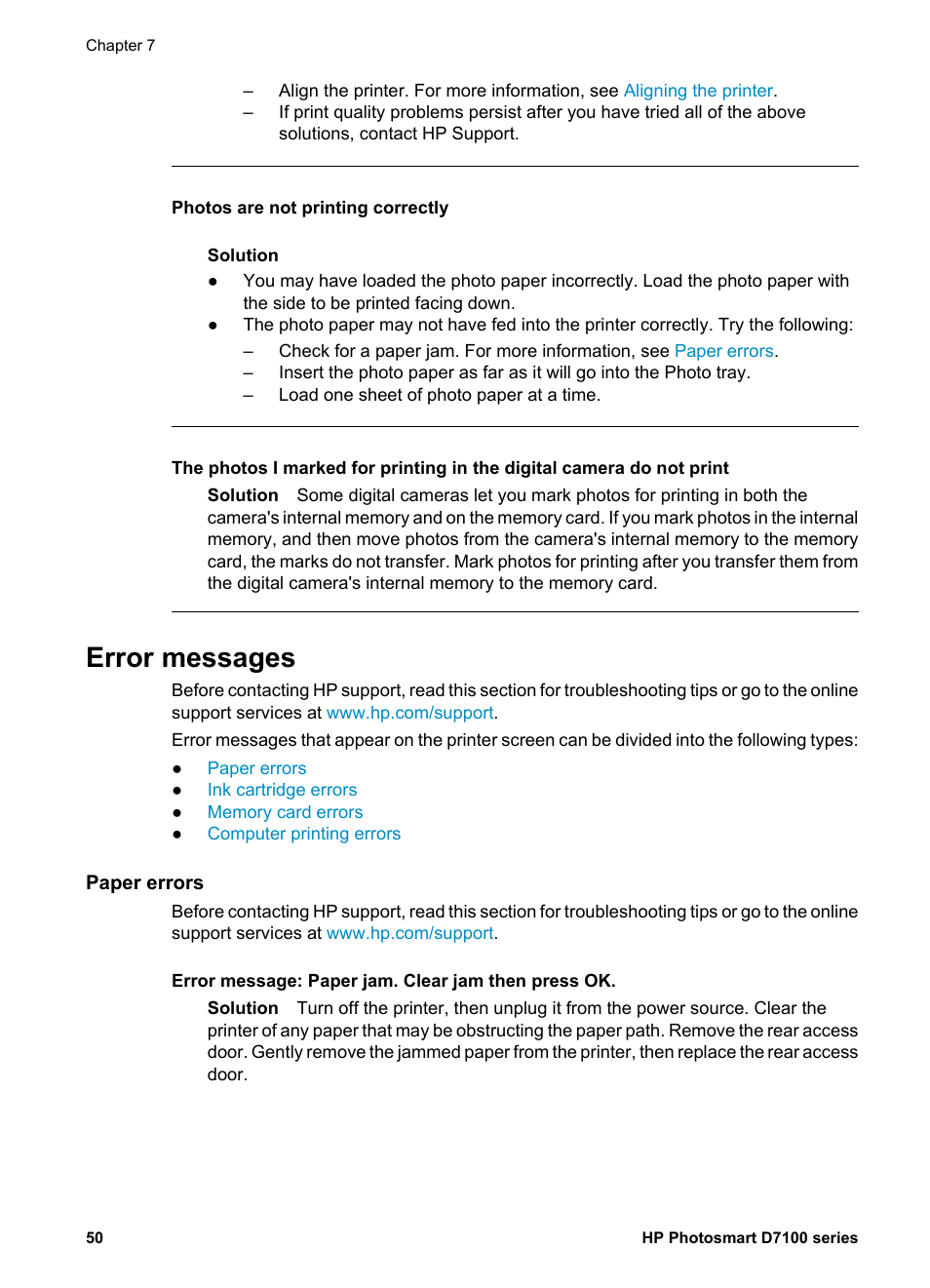 Error messages, Paper errors | HP D7100 User Manual | Page 120 / 138