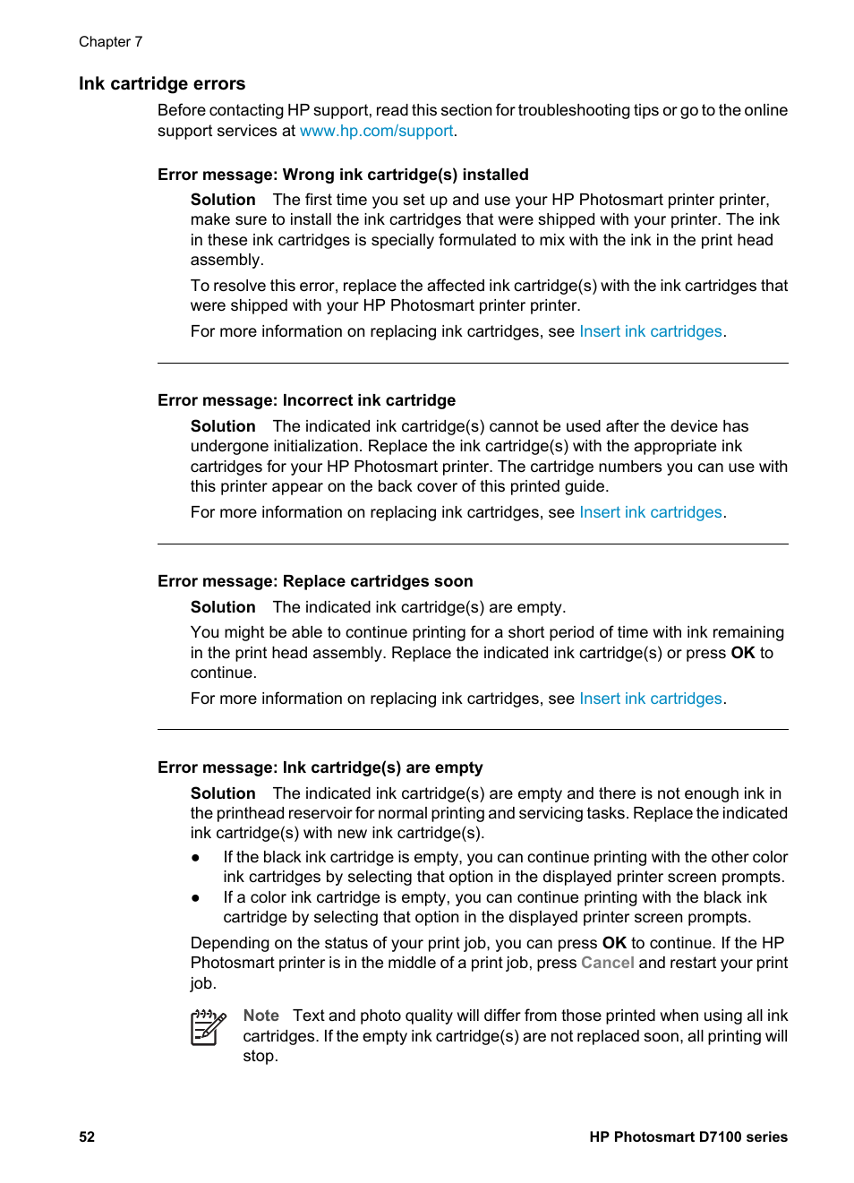 Ink cartridge errors | HP D7100 User Manual | Page 122 / 138