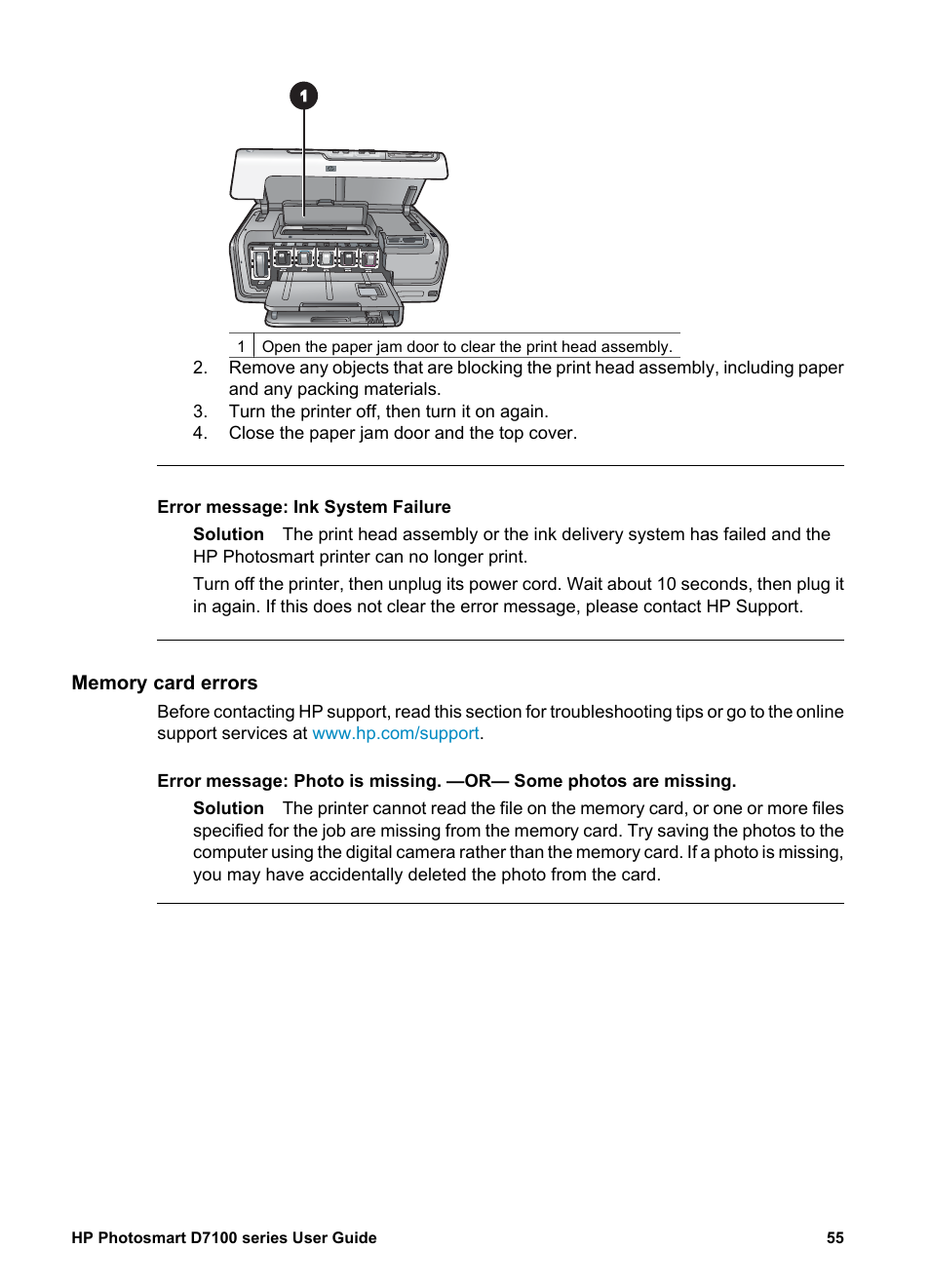 Memory card errors | HP D7100 User Manual | Page 125 / 138